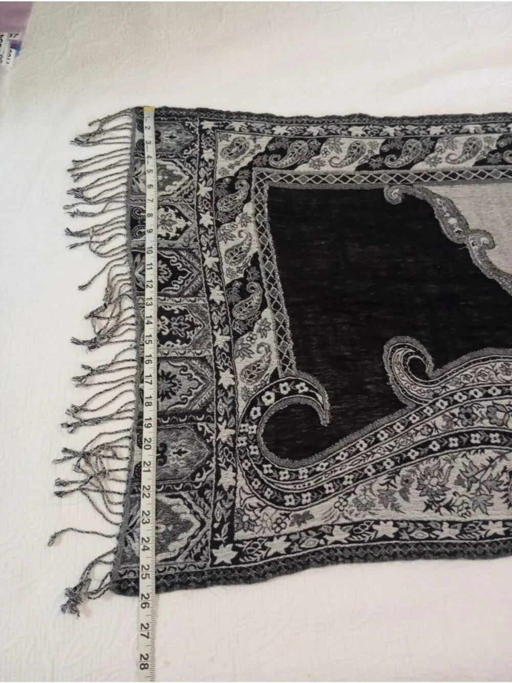 Lucky Wrap Scarf Paisley Fringe Wool Blend Black & Gray